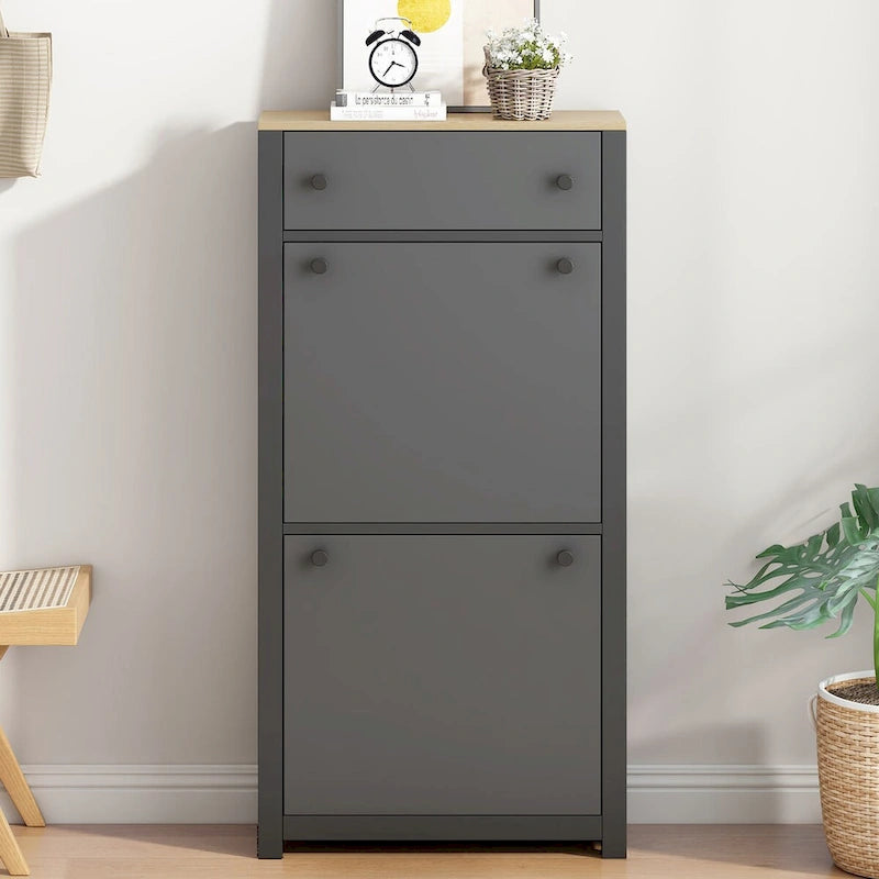 Meuble à chaussures gris/noir avec 2 tiroirs basculants, séparateurs réglables et plateau aspect bois