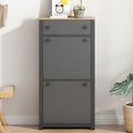 Meuble à chaussures gris/noir avec 2 tiroirs basculants, séparateurs réglables et plateau aspect bois