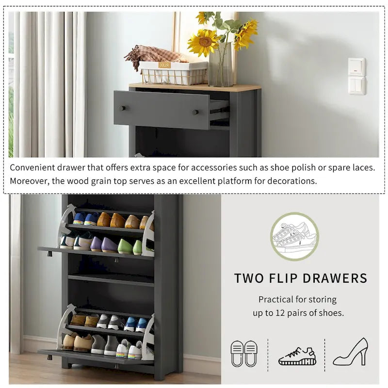 Meuble à chaussures gris/noir avec 2 tiroirs basculants, séparateurs réglables et plateau aspect bois