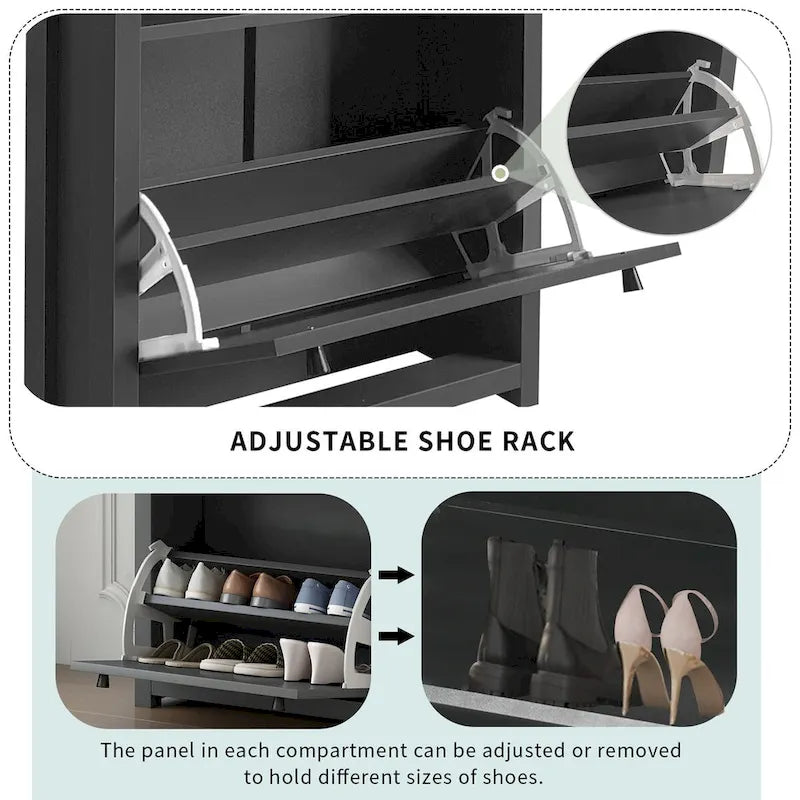 Meuble à chaussures gris/noir avec 2 tiroirs basculants, séparateurs réglables et plateau aspect bois