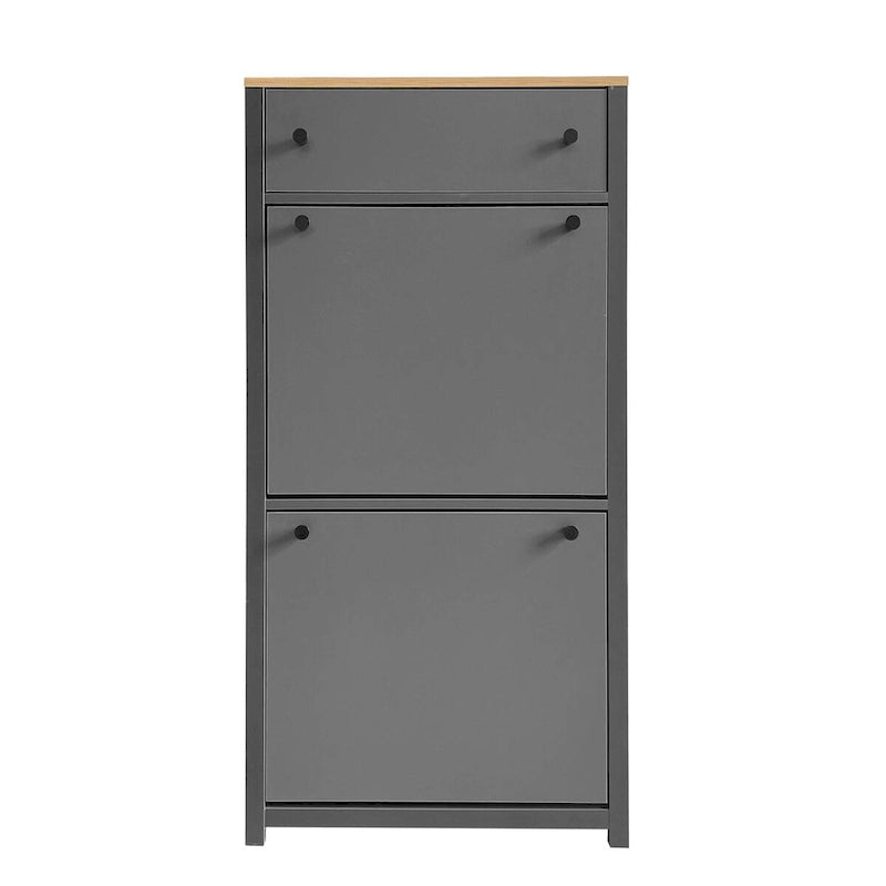 Meuble à chaussures gris/noir avec 2 tiroirs basculants, séparateurs réglables et plateau aspect bois