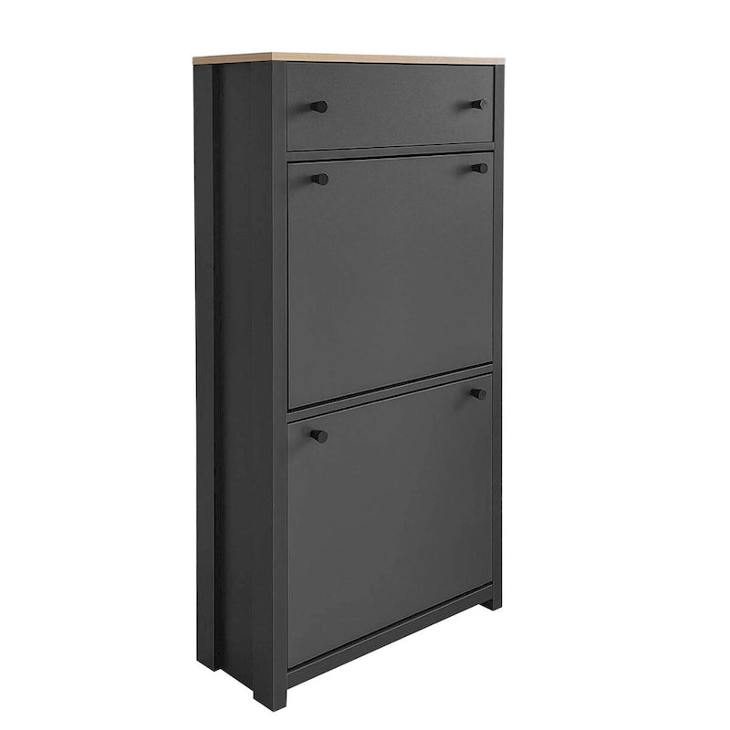 Meuble à chaussures gris/noir avec 2 tiroirs basculants, séparateurs réglables et plateau aspect bois