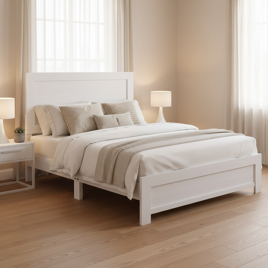 Lit plateforme blanc style ferme avec tête et pied de lit à panneaux