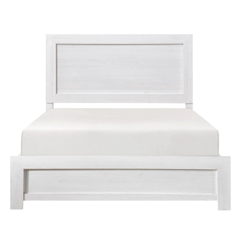 Lit plateforme blanc style ferme avec tête et pied de lit à panneaux