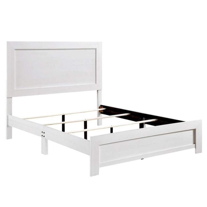 Lit plateforme blanc style ferme avec tête et pied de lit à panneaux