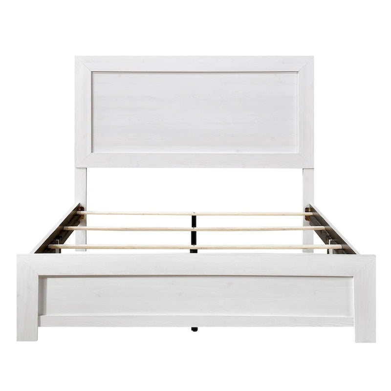 Lit plateforme blanc style ferme avec tête et pied de lit à panneaux