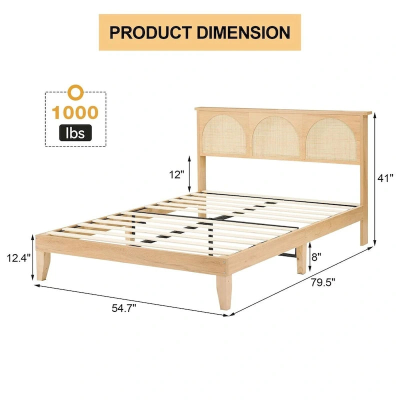 Cadre de lit beige Bohème en rotin naturel avec bande lumineuse LED et rangement chevet – Lit double / Queen