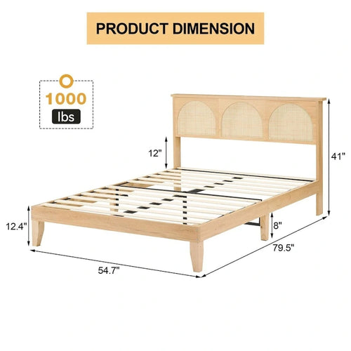 Cadre de lit beige Bohème en rotin naturel avec bande lumineuse LED et rangement chevet – Lit double / Queen