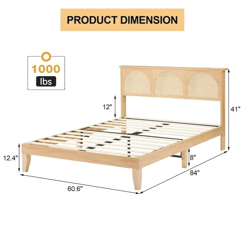 Cadre de lit beige Bohème en rotin naturel avec bande lumineuse LED et rangement chevet – Lit double / Queen