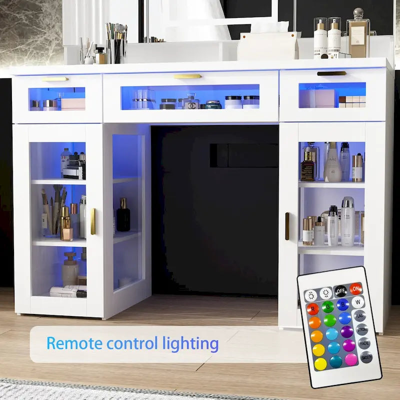 Coiffeuse blanche avec miroir triptyque, éclairage LED réglable et 3 tiroirs