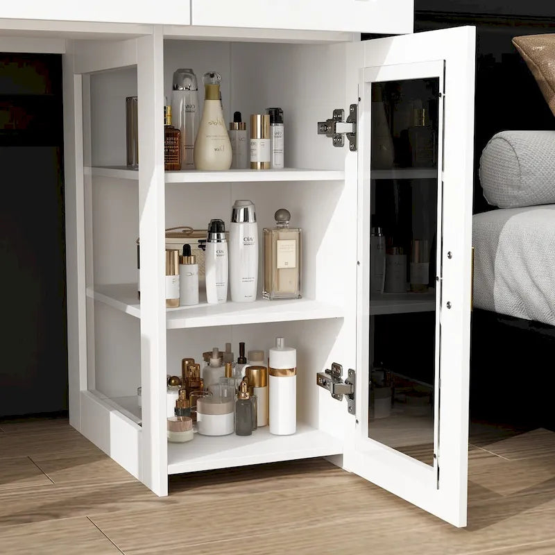 Coiffeuse blanche avec miroir triptyque, éclairage LED réglable et 3 tiroirs