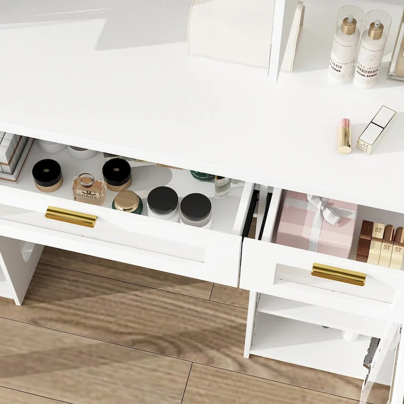 Coiffeuse blanche avec miroir triptyque, éclairage LED réglable et 3 tiroirs