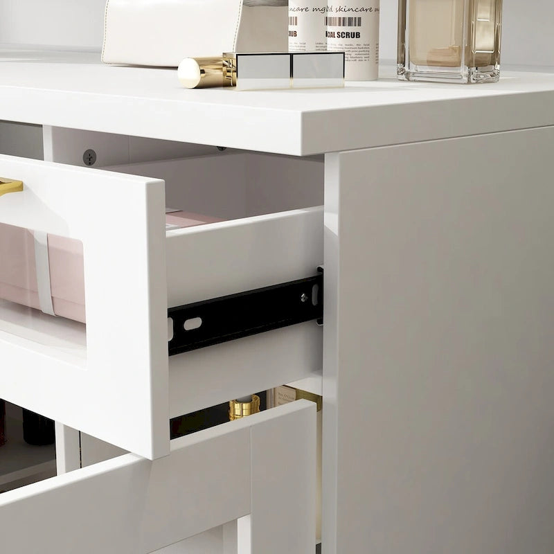 Coiffeuse blanche avec miroir triptyque, éclairage LED réglable et 3 tiroirs