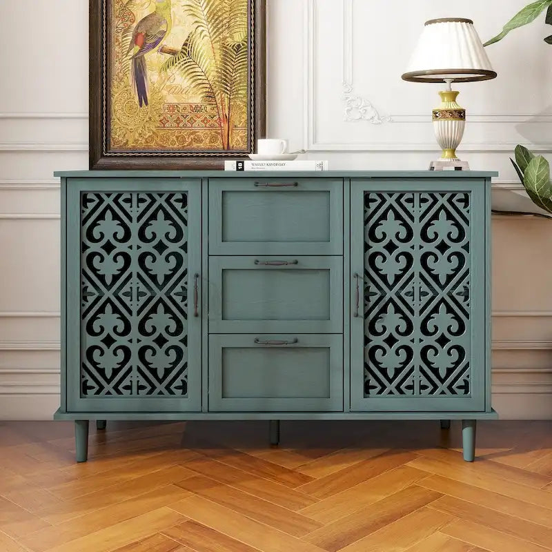 Armoire de rangement 2 portes, 3 tiroirs vert foncé/bleu avec panneau sculpté et poignées métalliques – 1 pièce