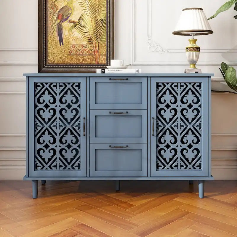 Armoire de rangement 2 portes, 3 tiroirs vert foncé/bleu avec panneau sculpté et poignées métalliques – 1 pièce