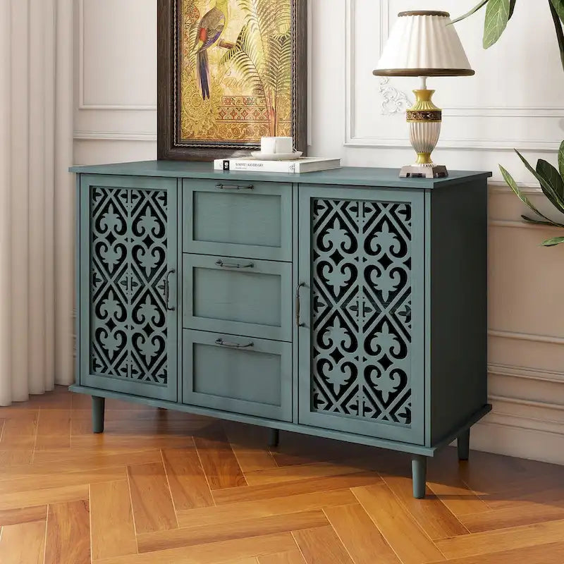 Armoire de rangement 2 portes, 3 tiroirs vert foncé/bleu avec panneau sculpté et poignées métalliques – 1 pièce