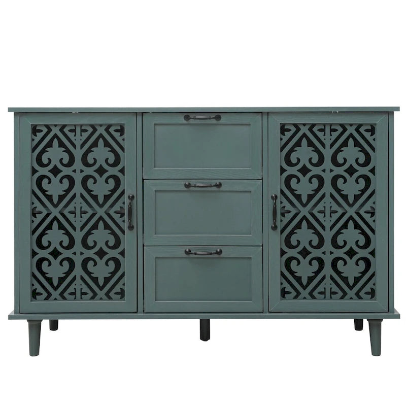 Armoire de rangement 2 portes, 3 tiroirs vert foncé/bleu avec panneau sculpté et poignées métalliques – 1 pièce