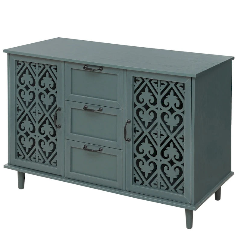 Armoire de rangement 2 portes, 3 tiroirs vert foncé/bleu avec panneau sculpté et poignées métalliques – 1 pièce