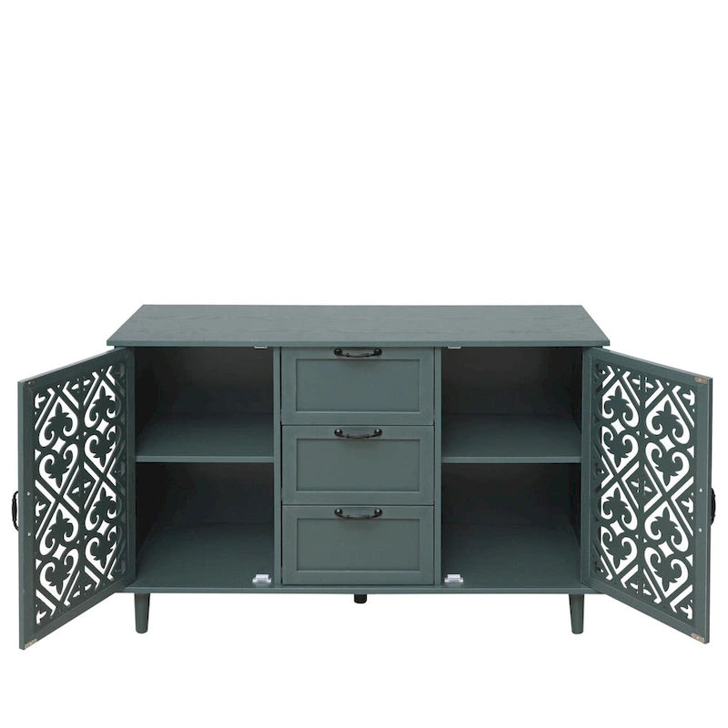 Armoire de rangement 2 portes, 3 tiroirs vert foncé/bleu avec panneau sculpté et poignées métalliques – 1 pièce