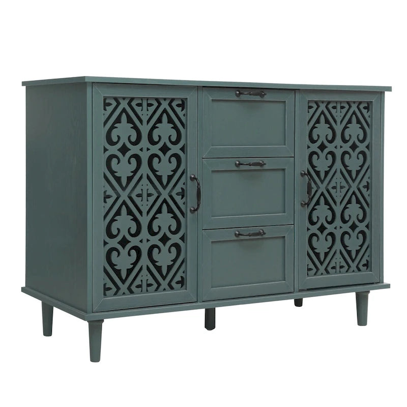 Armoire de rangement 2 portes, 3 tiroirs vert foncé/bleu avec panneau sculpté et poignées métalliques – 1 pièce