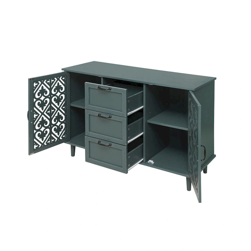Armoire de rangement 2 portes, 3 tiroirs vert foncé/bleu avec panneau sculpté et poignées métalliques – 1 pièce