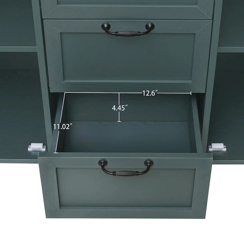 Armoire de rangement 2 portes, 3 tiroirs vert foncé/bleu avec panneau sculpté et poignées métalliques – 1 pièce