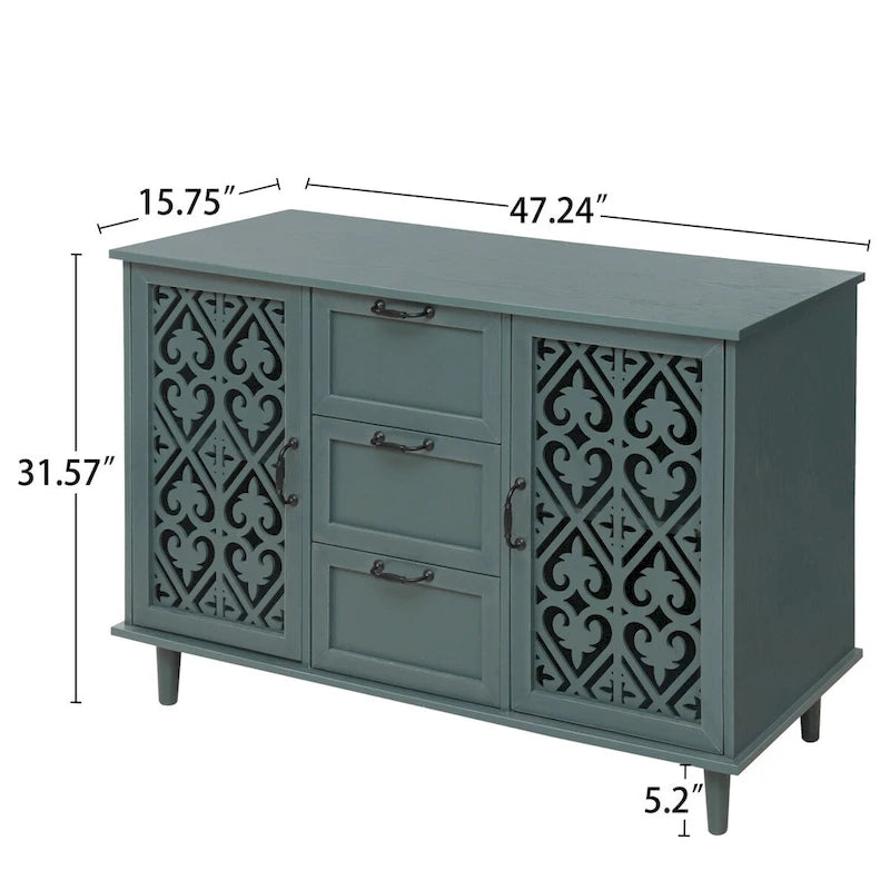 Armoire de rangement 2 portes, 3 tiroirs vert foncé/bleu avec panneau sculpté et poignées métalliques – 1 pièce