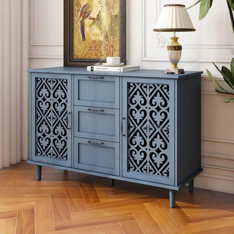 Armoire de rangement 2 portes, 3 tiroirs vert foncé/bleu avec panneau sculpté et poignées métalliques – 1 pièce