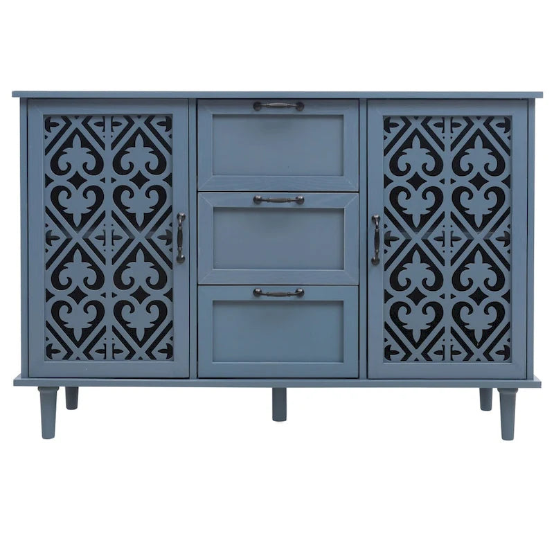 Armoire de rangement 2 portes, 3 tiroirs vert foncé/bleu avec panneau sculpté et poignées métalliques – 1 pièce