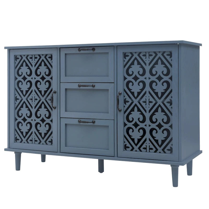 Armoire de rangement 2 portes, 3 tiroirs vert foncé/bleu avec panneau sculpté et poignées métalliques – 1 pièce