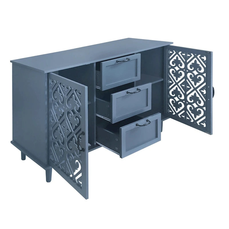 Armoire de rangement 2 portes, 3 tiroirs vert foncé/bleu avec panneau sculpté et poignées métalliques – 1 pièce
