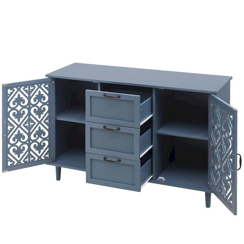 Armoire de rangement 2 portes, 3 tiroirs vert foncé/bleu avec panneau sculpté et poignées métalliques – 1 pièce