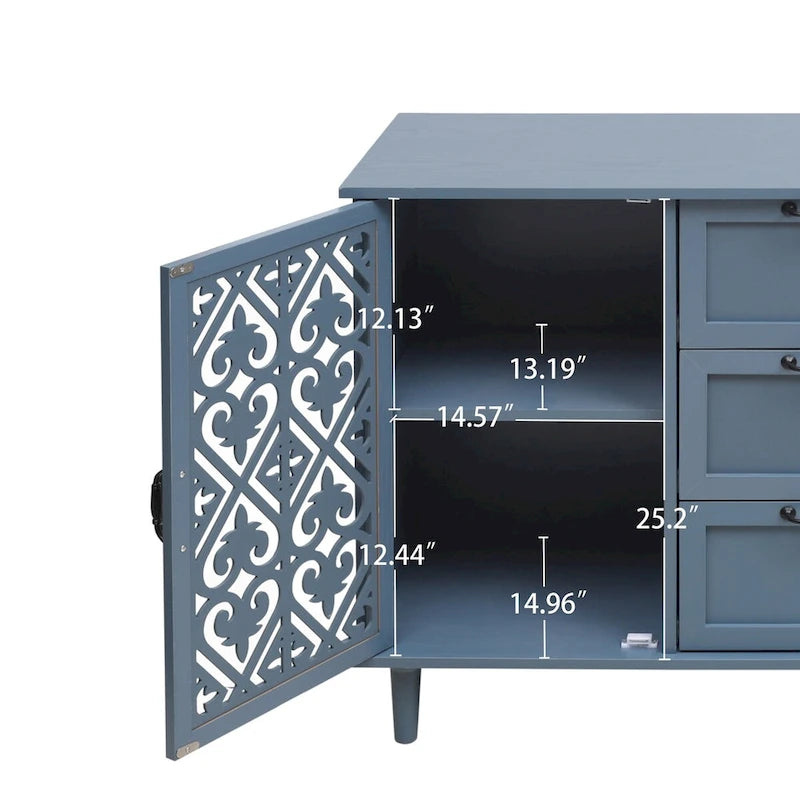 Armoire de rangement 2 portes, 3 tiroirs vert foncé/bleu avec panneau sculpté et poignées métalliques – 1 pièce