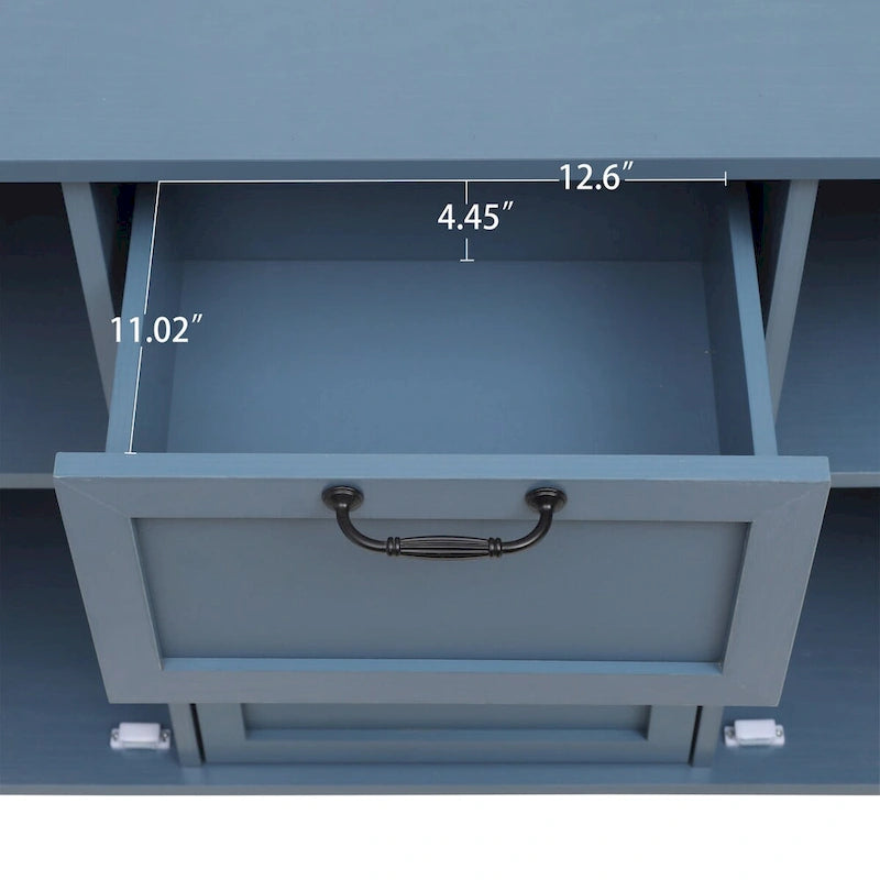 Armoire de rangement 2 portes, 3 tiroirs vert foncé/bleu avec panneau sculpté et poignées métalliques – 1 pièce