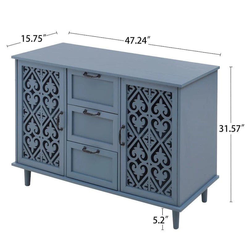 Armoire de rangement 2 portes, 3 tiroirs vert foncé/bleu avec panneau sculpté et poignées métalliques – 1 pièce