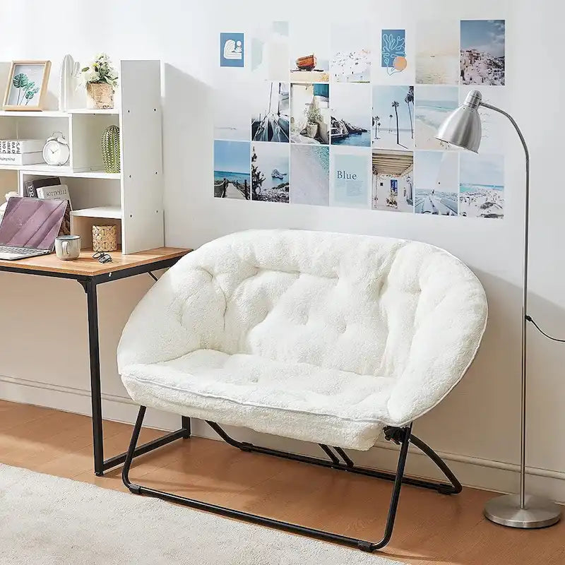 Canapé 2 places en peluche de microfibre pliable blanc ivoire/noir avec structure en métal – 2 places