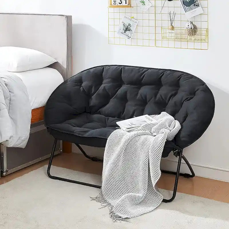 Canapé 2 places en peluche de microfibre pliable blanc ivoire/noir avec structure en métal – 2 places