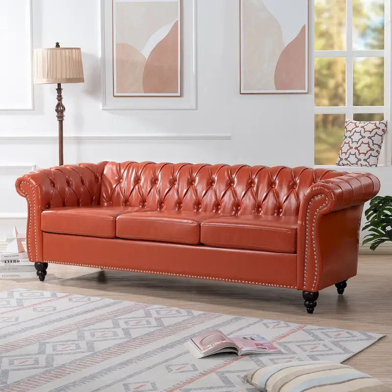 Canapé 3 places Chesterfield avec accoudoirs roulés en similicuir (PU) orange / expresso / blanc / gris / marron / noir, pieds en bouleau