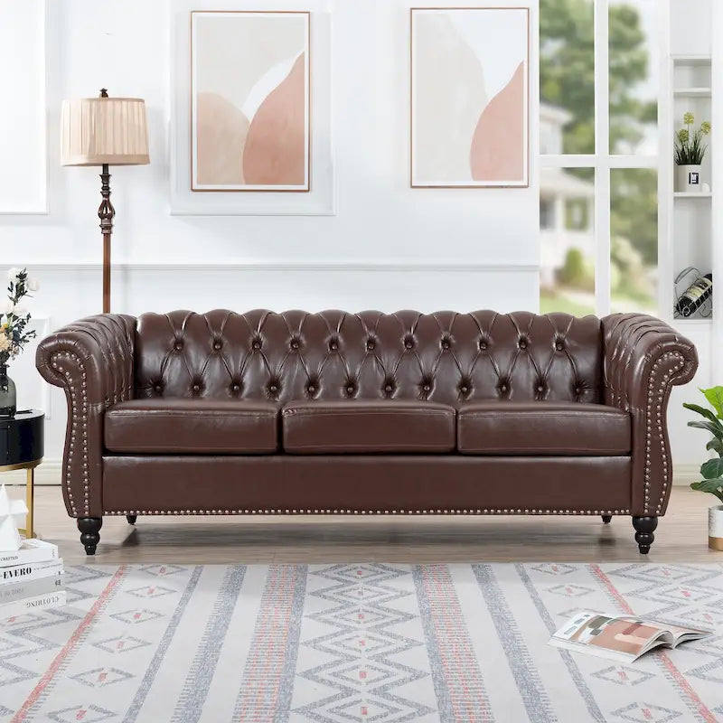 Canapé 3 places Chesterfield avec accoudoirs roulés en similicuir (PU) orange / expresso / blanc / gris / marron / noir, pieds en bouleau