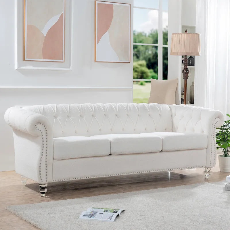 Canapé 3 places Chesterfield avec accoudoirs roulés en similicuir (PU) orange / expresso / blanc / gris / marron / noir, pieds en bouleau
