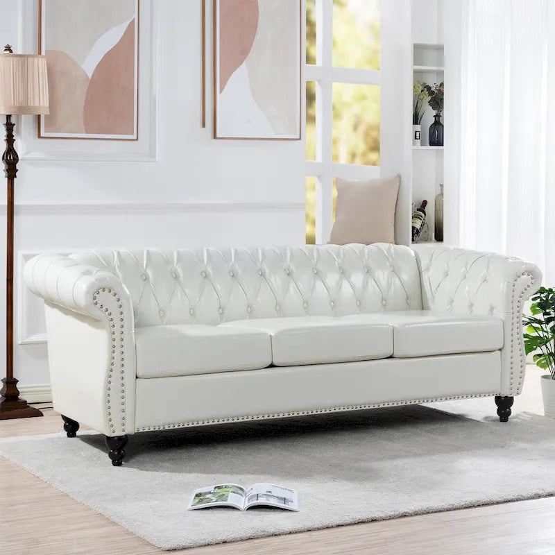 Canapé 3 places Chesterfield avec accoudoirs roulés en similicuir (PU) orange / expresso / blanc / gris / marron / noir, pieds en bouleau