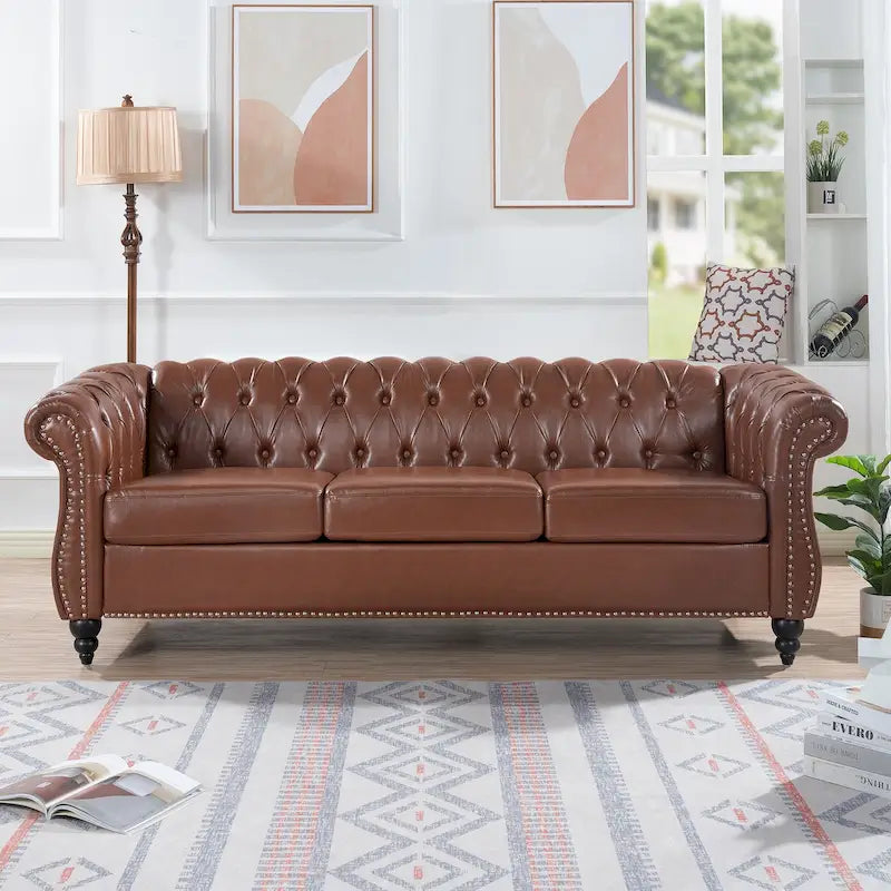 Canapé 3 places Chesterfield avec accoudoirs roulés en similicuir (PU) orange / expresso / blanc / gris / marron / noir, pieds en bouleau