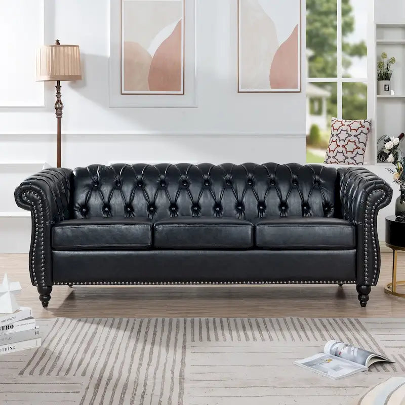 Canapé 3 places Chesterfield avec accoudoirs roulés en similicuir (PU) orange / expresso / blanc / gris / marron / noir, pieds en bouleau