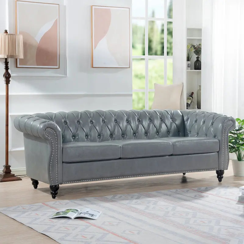 Canapé 3 places Chesterfield avec accoudoirs roulés en similicuir (PU) orange / expresso / blanc / gris / marron / noir, pieds en bouleau