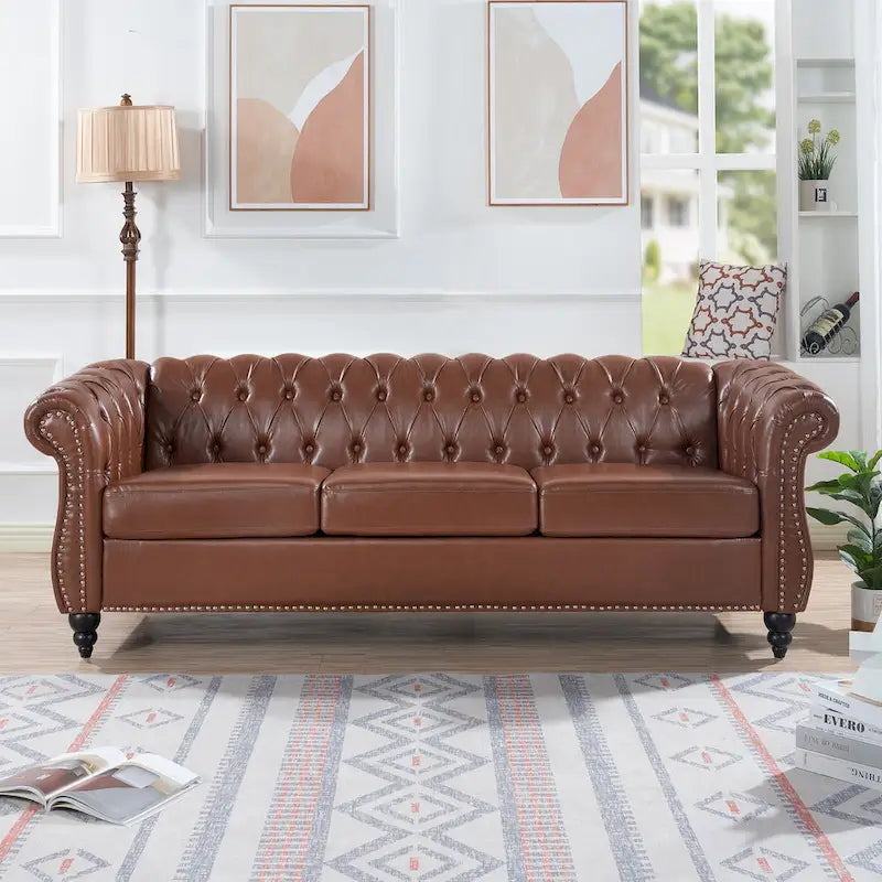 Canapé 3 places Chesterfield avec accoudoirs roulés en similicuir (PU) orange / expresso / blanc / gris / marron / noir, pieds en bouleau