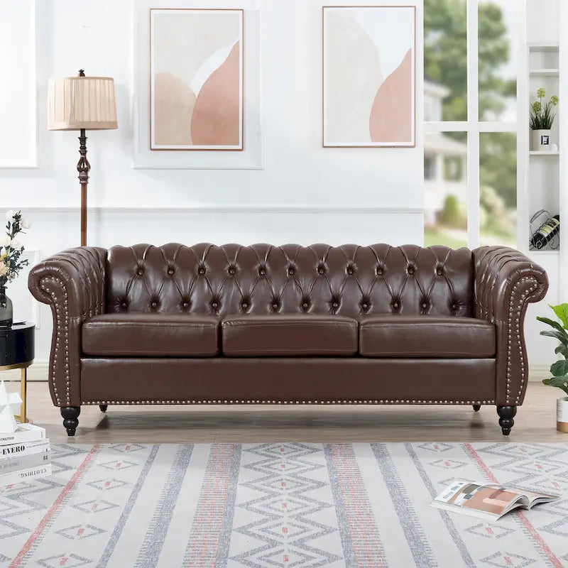 Canapé 3 places Chesterfield avec accoudoirs roulés en similicuir (PU) orange / expresso / blanc / gris / marron / noir, pieds en bouleau