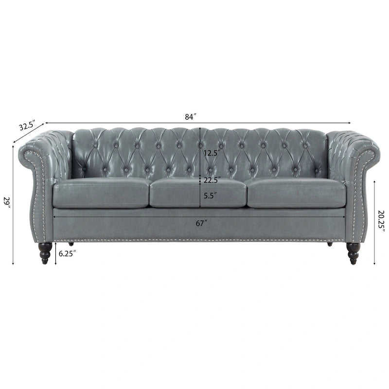 Canapé 3 places Chesterfield avec accoudoirs roulés en similicuir (PU) orange / expresso / blanc / gris / marron / noir, pieds en bouleau