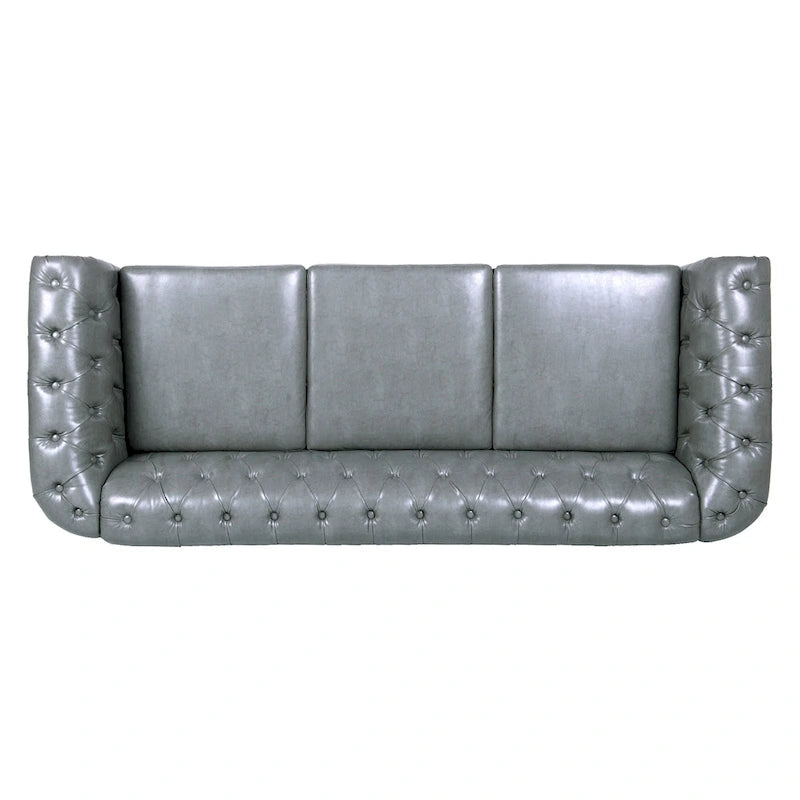 Canapé 3 places Chesterfield avec accoudoirs roulés en similicuir (PU) orange / expresso / blanc / gris / marron / noir, pieds en bouleau