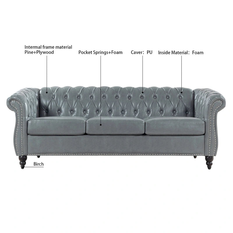 Canapé 3 places Chesterfield avec accoudoirs roulés en similicuir (PU) orange / expresso / blanc / gris / marron / noir, pieds en bouleau