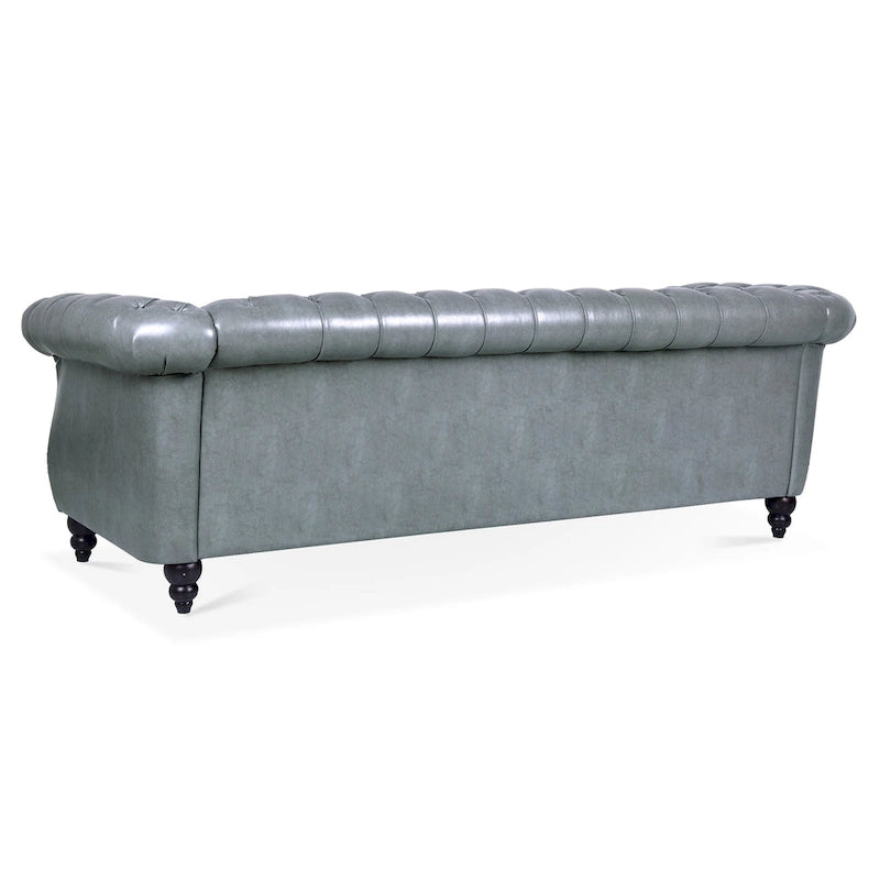 Canapé 3 places Chesterfield avec accoudoirs roulés en similicuir (PU) orange / expresso / blanc / gris / marron / noir, pieds en bouleau